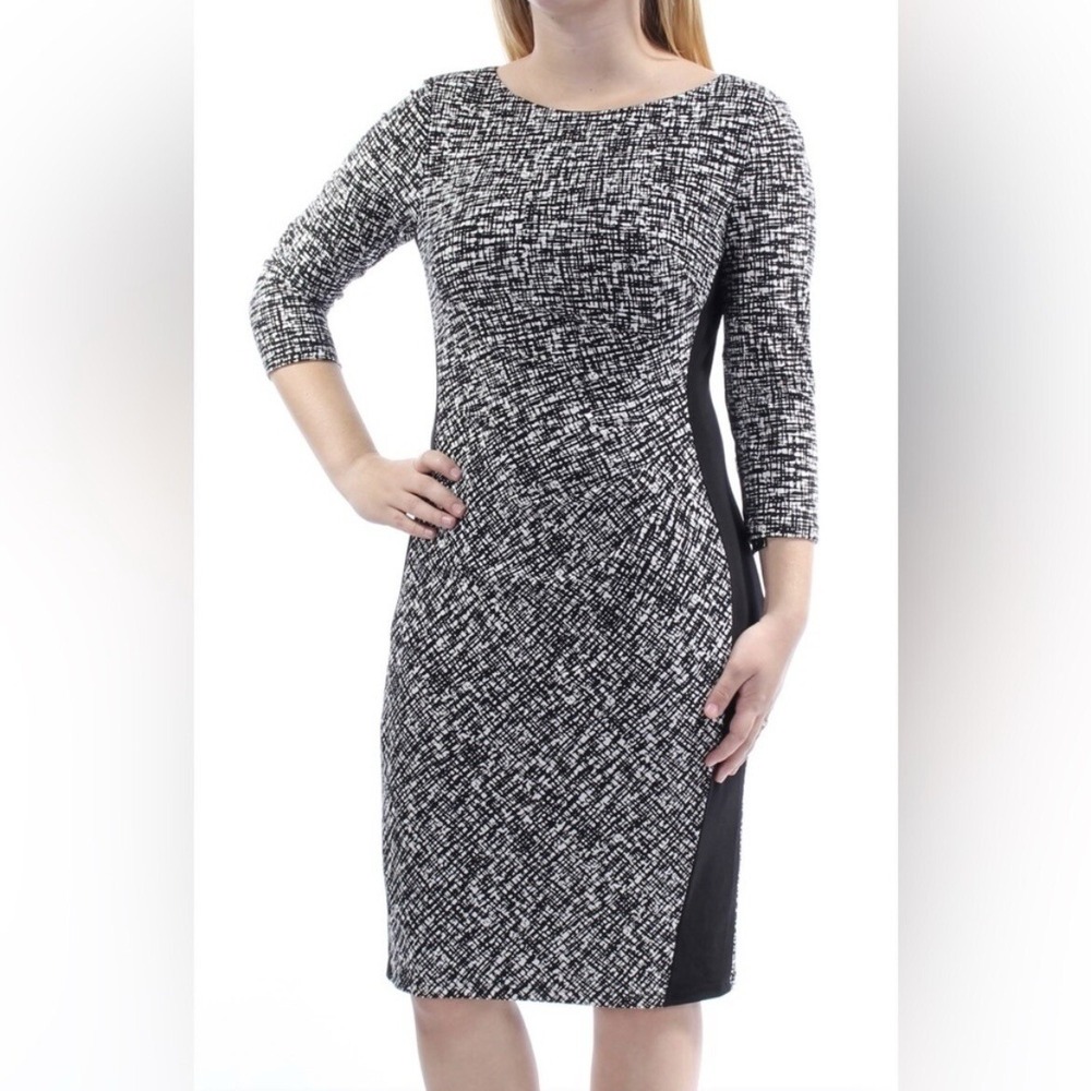 Ralph Lauren Black Ivory Geometric Colorblock Side Ruched 3/4 Sleeve Dress‎ 16